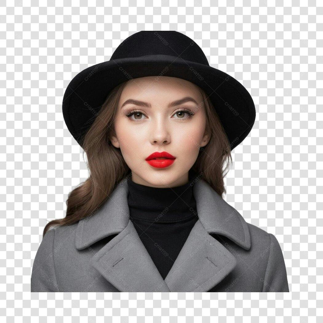 Foto Recortada Mulher Jovem Chapéu Preto PNG Fundo Transparente
