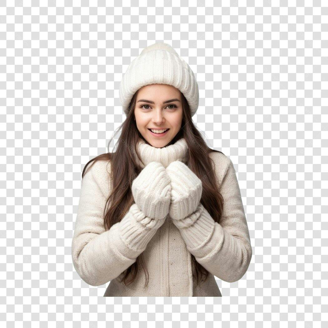Foto Recortada Mulher Jovem Inverno Roupas Brancas PNG Fundo Transparente