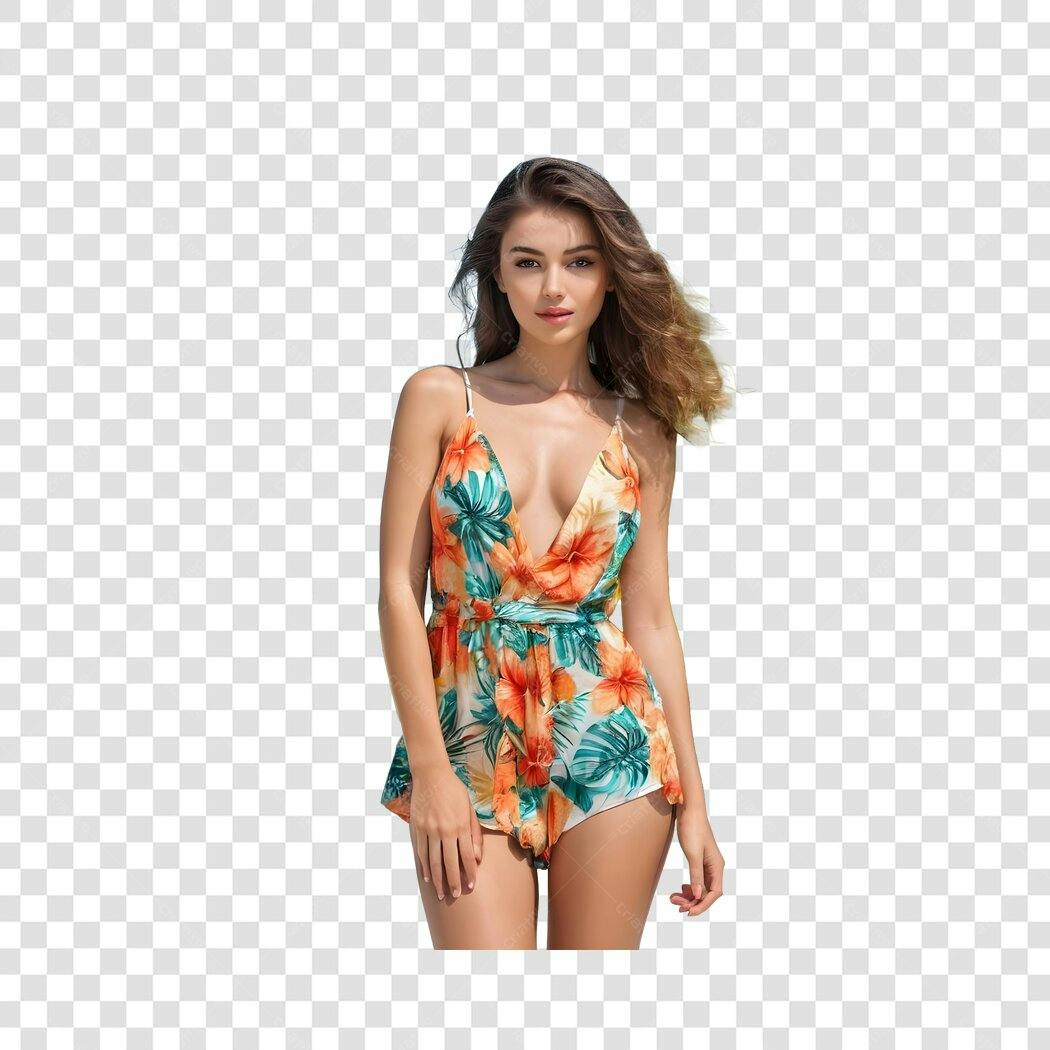Foto Recortada Mulher Jovem Macaquinho Floral PNG Fundo Transparente