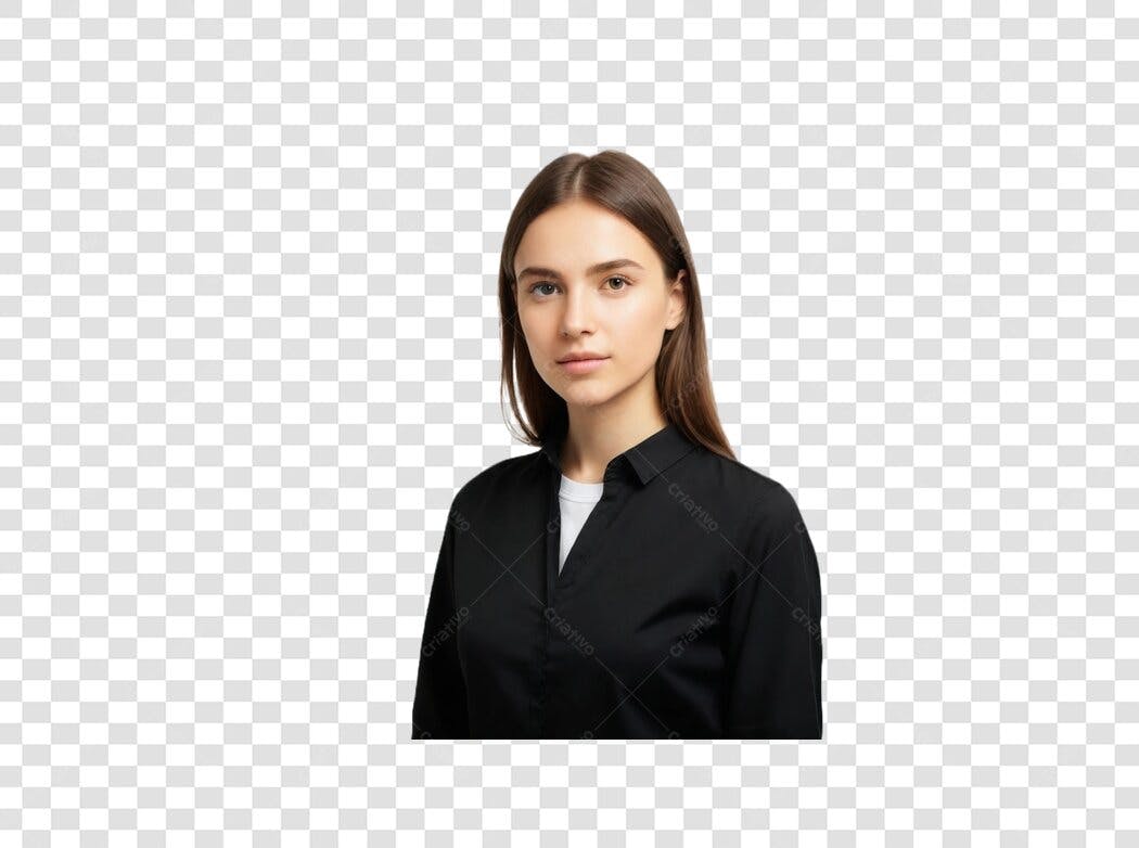 Foto Recortada Mulher Jovem Séria Camisa Preta PNG Fundo Transparente