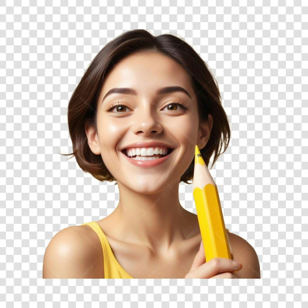Foto Recortada Mulher Jovem Sorrindo Lápis Amarelo PNG Fundo Transparente