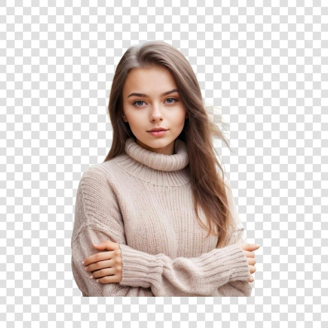 Foto Recortada Mulher Jovem Suéter Inverno PNG Fundo Transparente