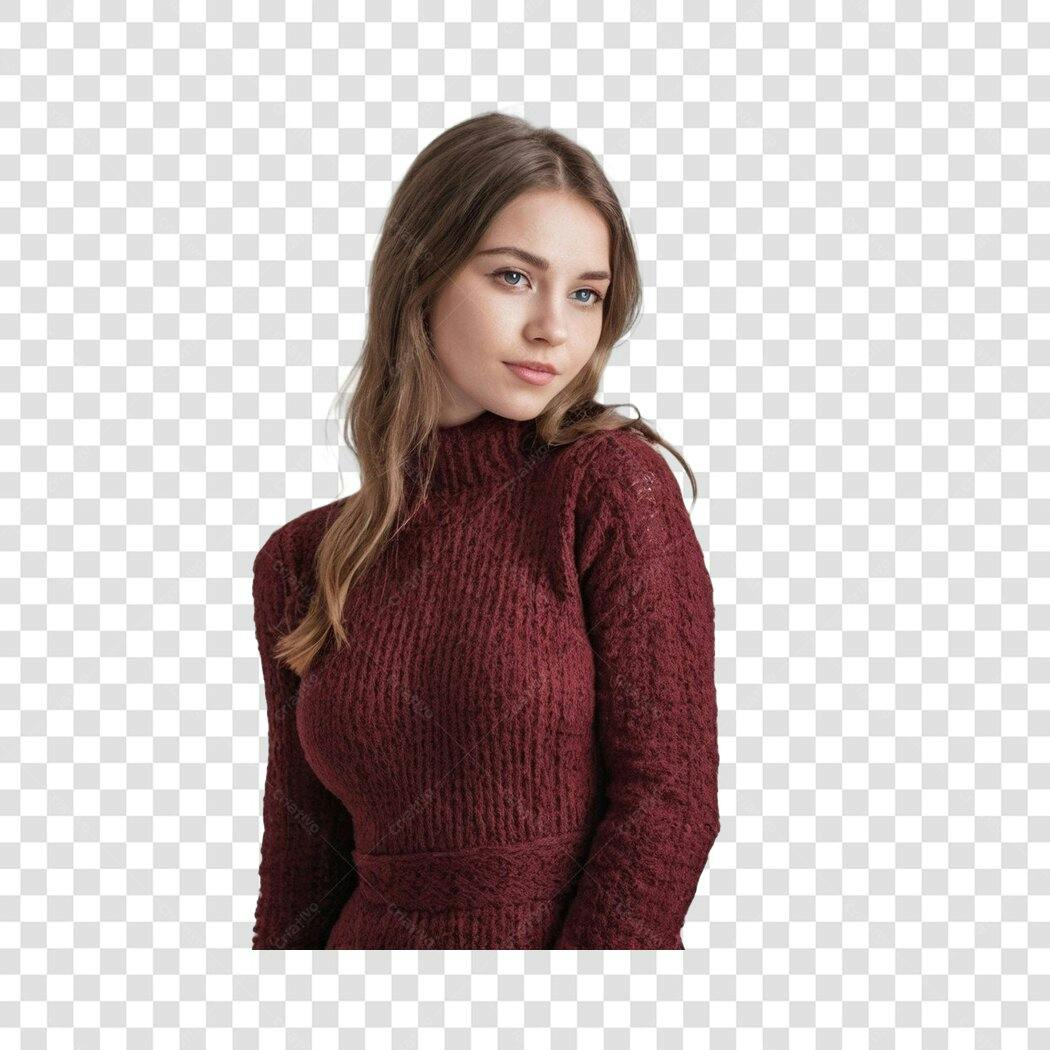 Foto Recortada Mulher Jovem Suéter Vinho PNG Fundo Transparente