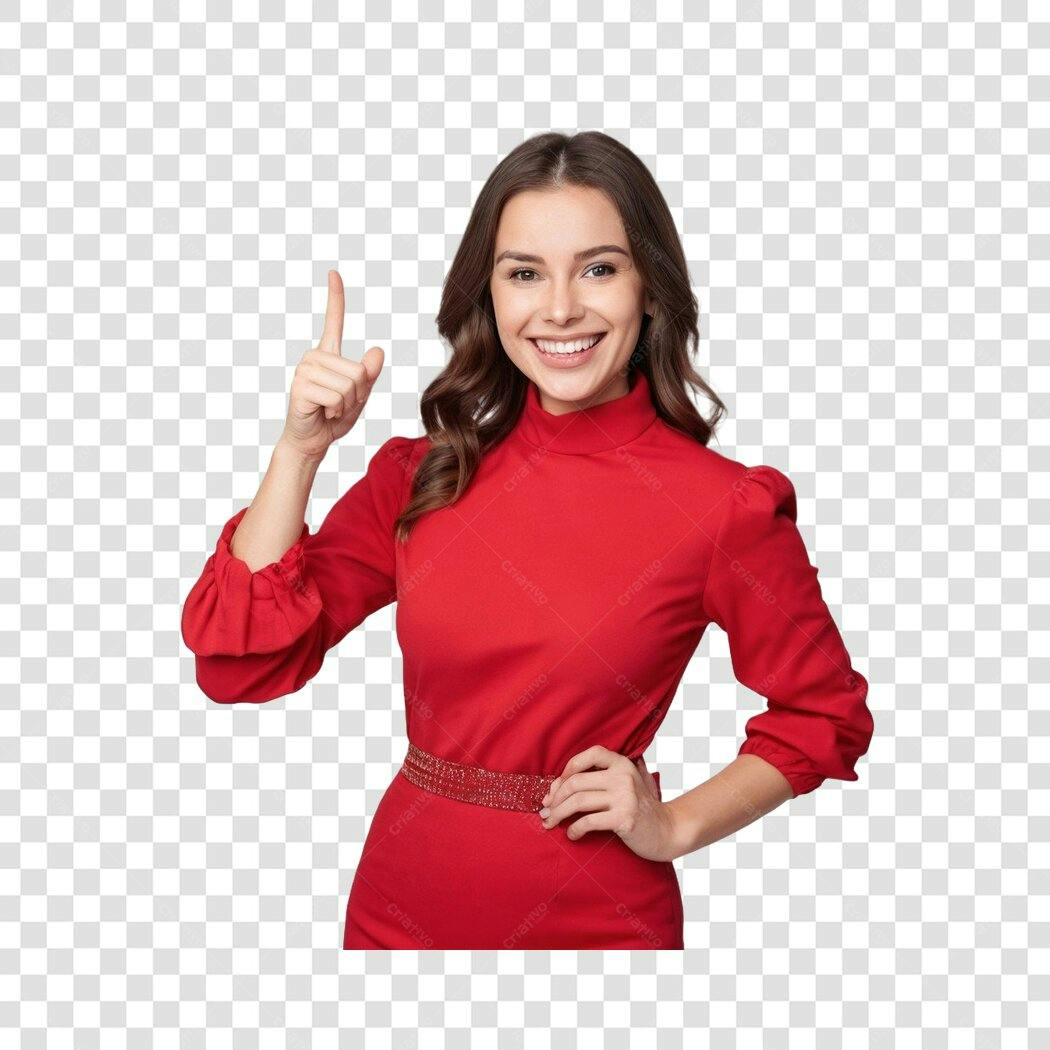 Foto Recortada Mulher Jovem Vestido Vermelho Apontando PNG Fundo Transparente