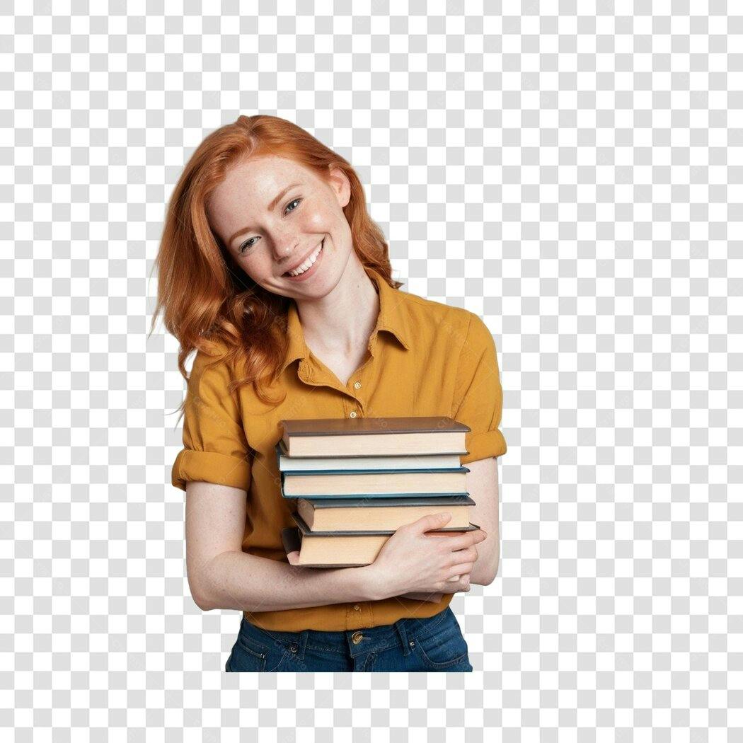 Foto Recortada Mulher Ruiva Estudante Livros PNG Fundo Transparente