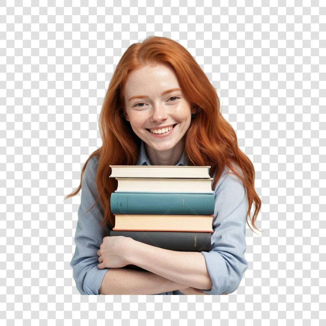 Foto Recortada Mulher Ruiva Estudante Livros PNG Fundo Transparente