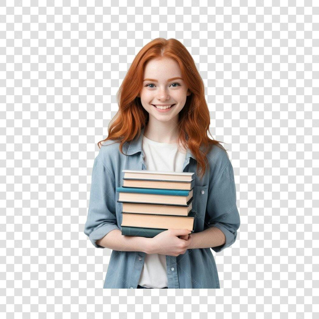 Foto Recortada Mulher Ruiva Estudante Livros PNG Fundo Transparente