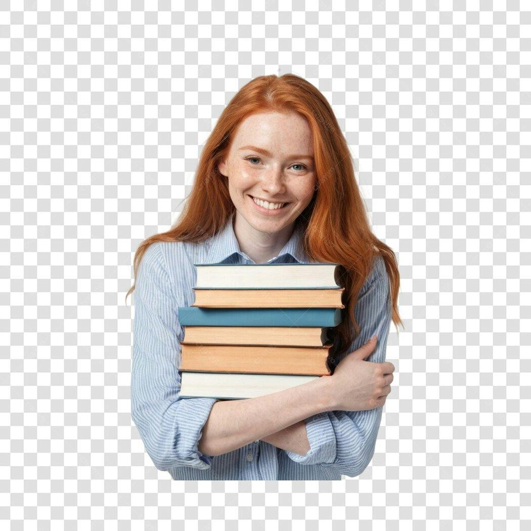 Foto Recortada Mulher Ruiva Estudante Livros PNG Fundo Transparente