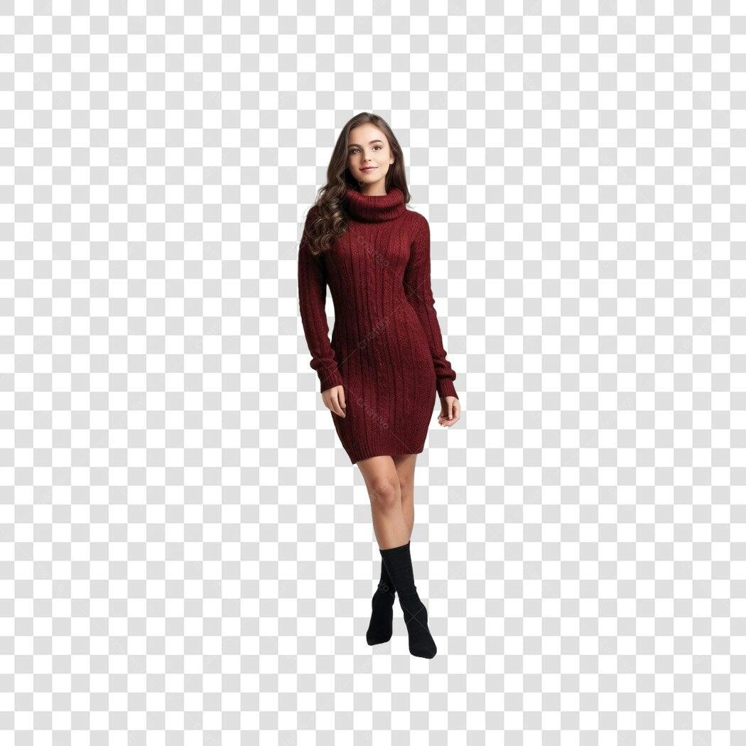 Foto Recortada Mulher Vestido Vinho Gola Alta PNG Fundo Transparente