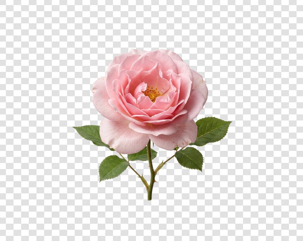 Foto Recortada Rosa Rosa com Haste e Folhas PNG Fundo Transparente