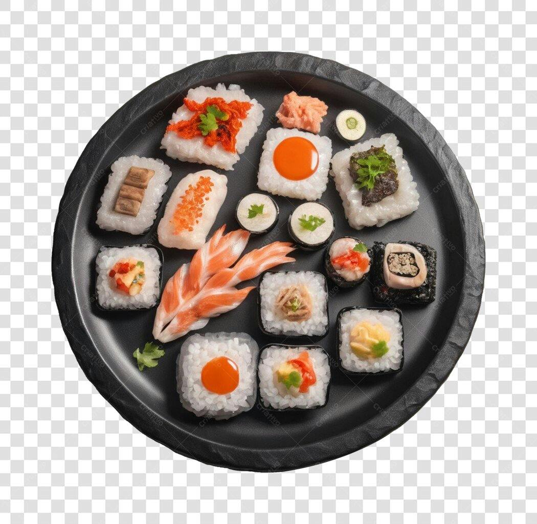 Foto Recortada Sushi Variado Prato Preto PNG Fundo Transparente