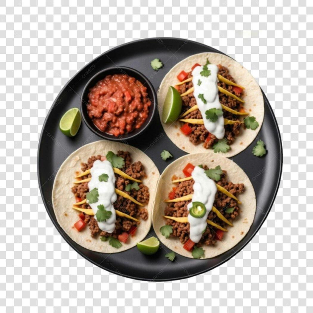 Foto Recortada Tacos Mexicanos com Molho e Limão PNG Fundo Transparente