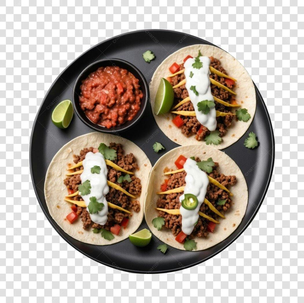 Foto Recortada Tacos Mexicanos com Molho e Limão PNG Fundo Transparente
