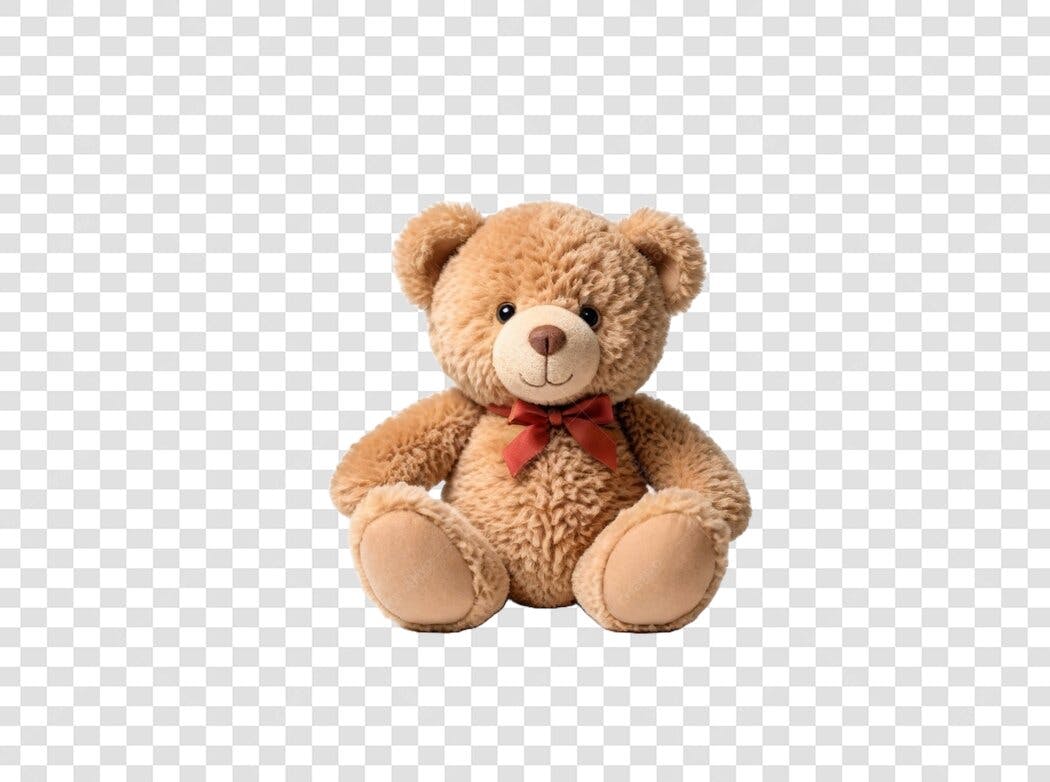 Foto Recortada Urso de Pelúcia Marrom Laço Vermelho PNG Fundo Transparente