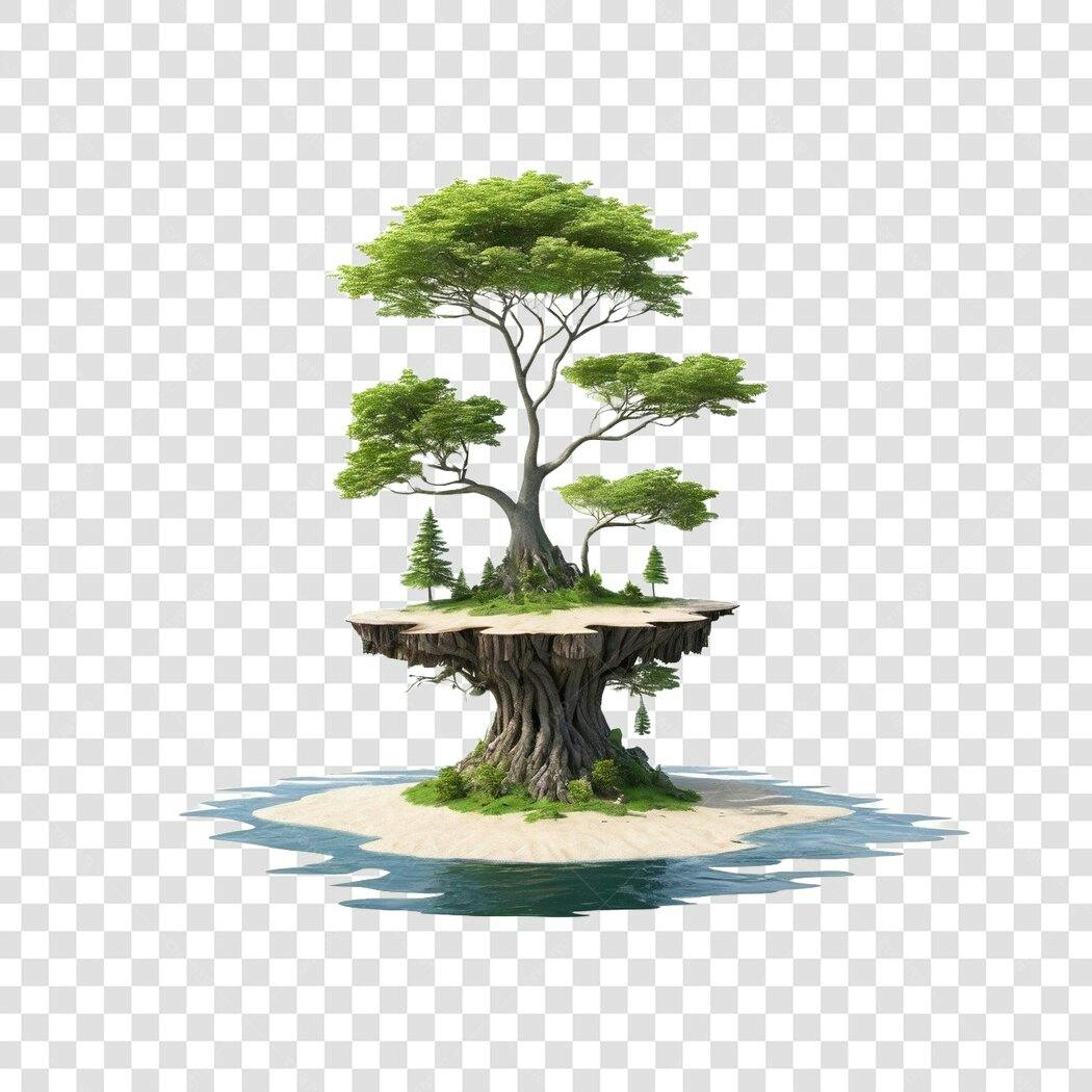 Ilustração Árvore Flutuante Ilha Verde PNG Fundo Transparente
