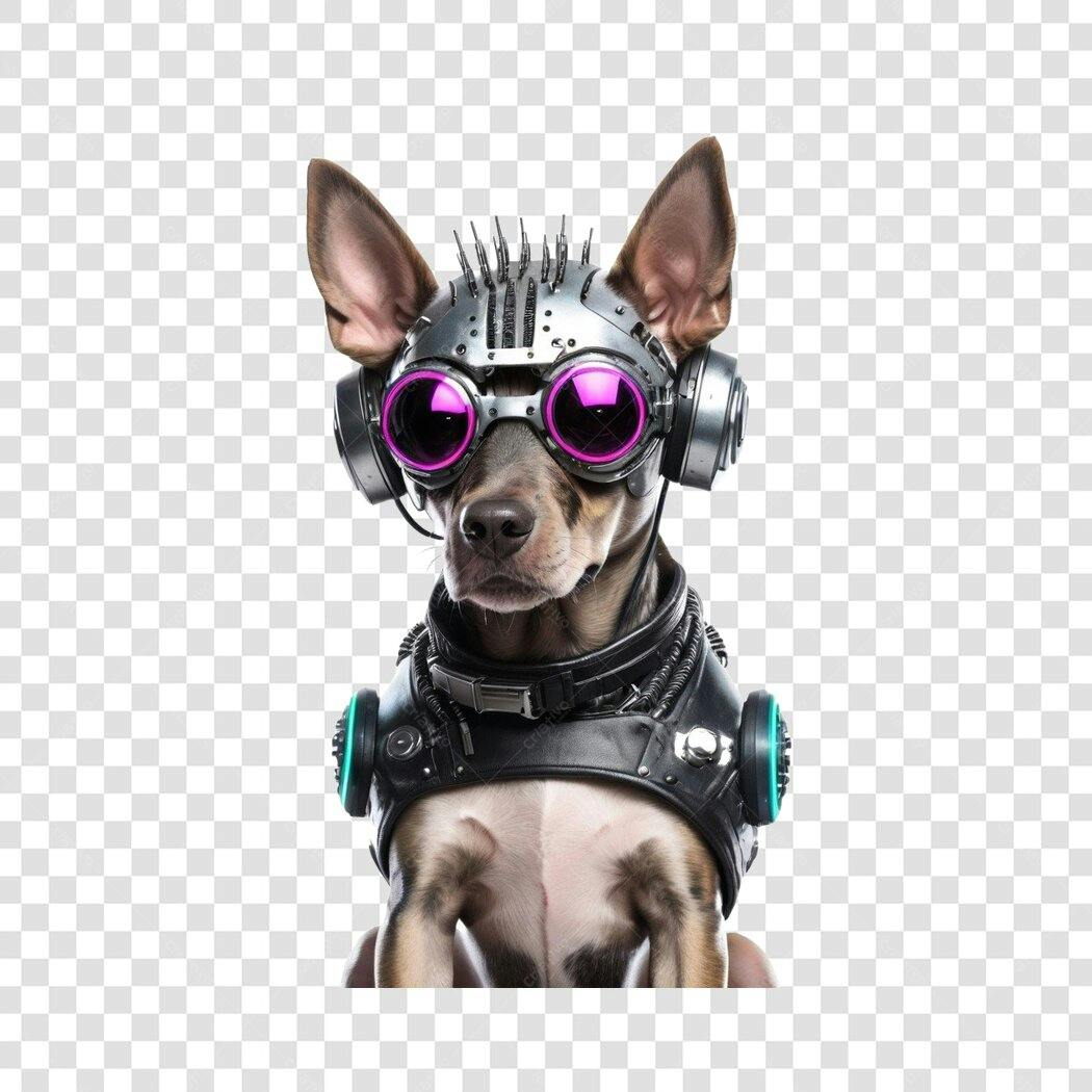 Ilustração Cachorro Cyberpunk Óculos Roxos PNG Fundo Transparente