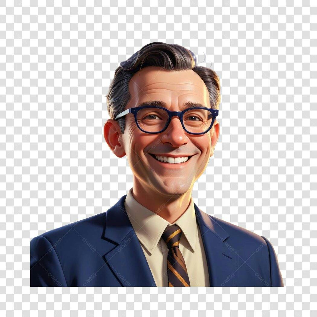 Ilustração Homem Sorrindo Óculos Terno Azul PNG Fundo Transparente