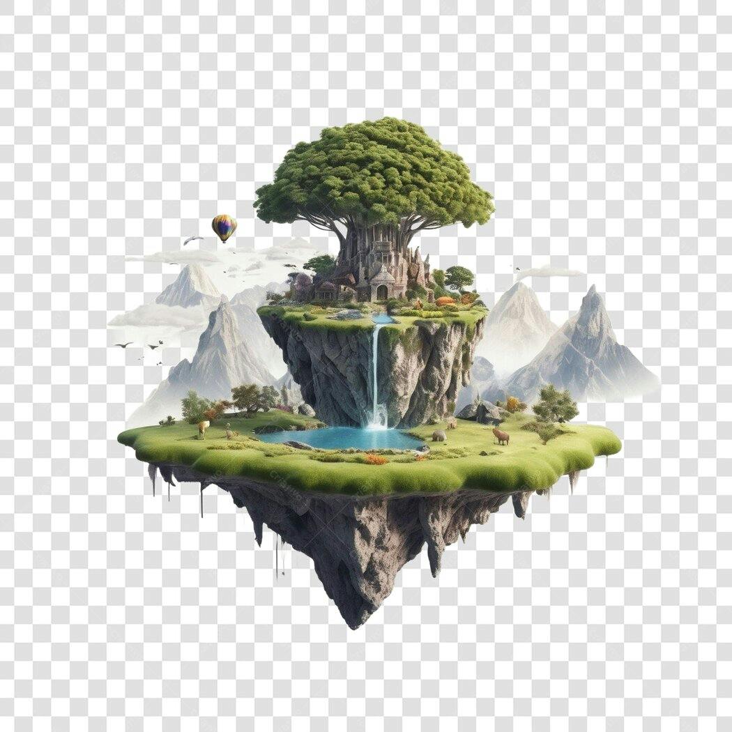 Ilustração Ilha Flutuante Fantasia Árvore Gigante PNG Fundo Transparente