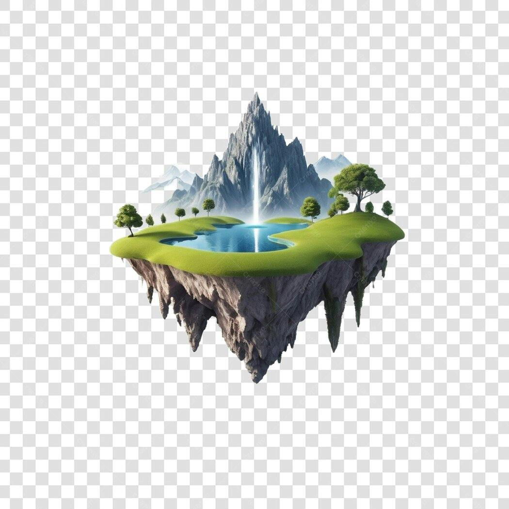 Ilustração Ilha Flutuante Montanha Lago Cachoeira PNG Fundo Transparente