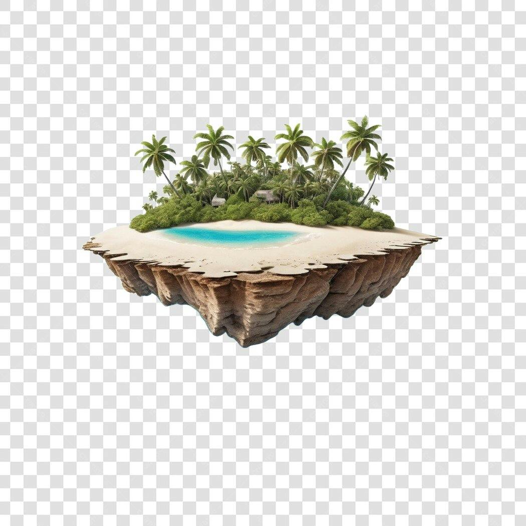 Ilustração Ilha Flutuante Tropical Praia Palmeiras PNG Fundo Transparente
