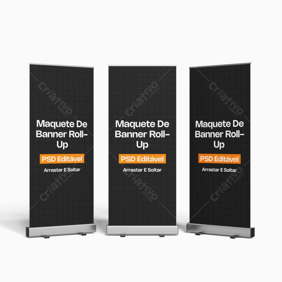 Mockup Banner Roll-Up Três Unidades Fundo Branco Editável