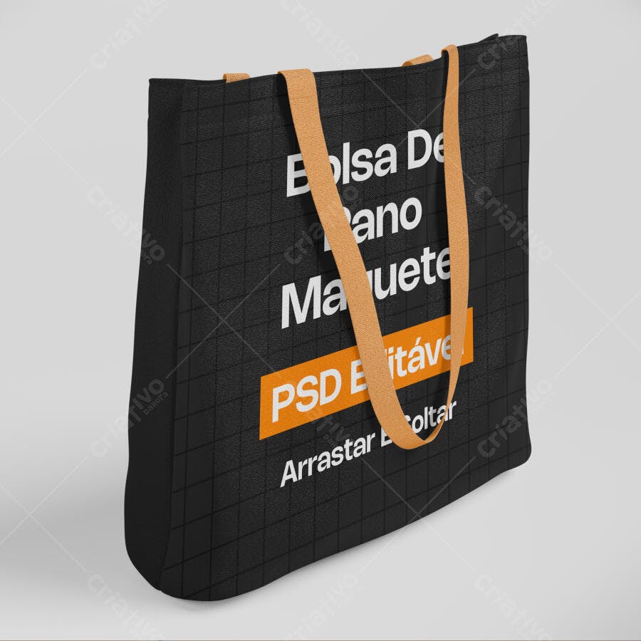Mockup Bolsa de Pano Preta 3/4 Fundo Cinza Editável