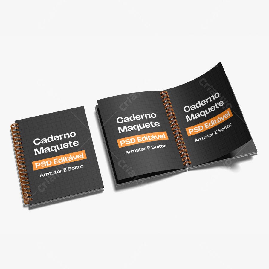 Mockup Caderno Espiral Aberto e Fechado Fundo Branco Editável