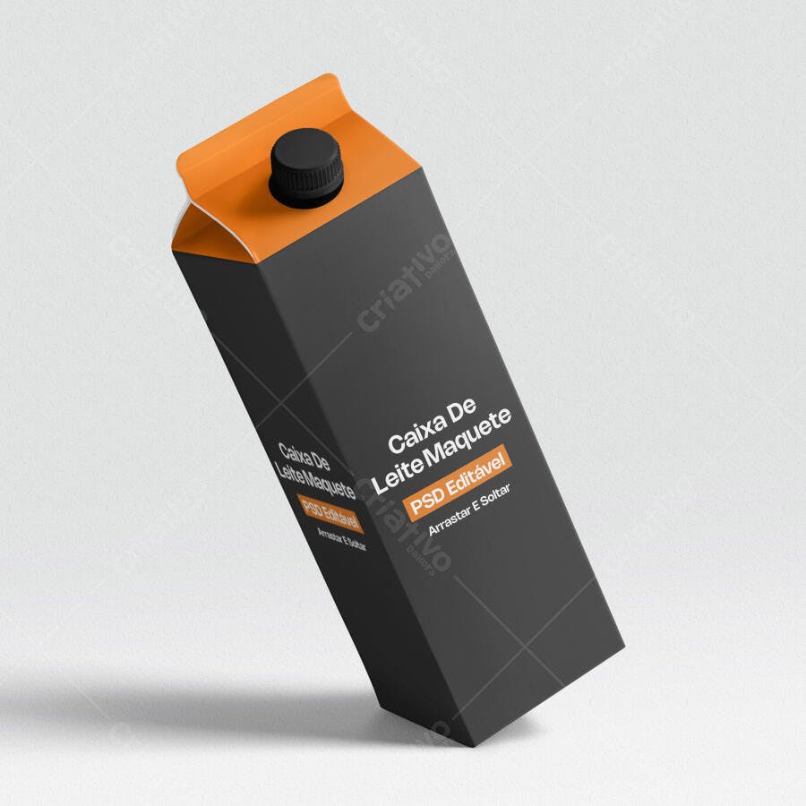 Mockup Caixa Leite Bebida Tetra Pak 3/4 Fundo Branco Editável
