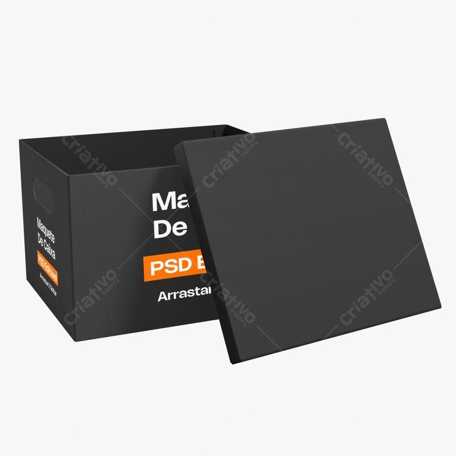 Mockup Caixa Quadrada Preta Aberta Fundo Branco Editável