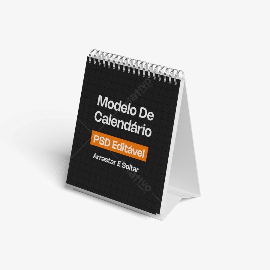 Mockup Calendário de Mesa Espiral 3/4 Fundo Branco Editável