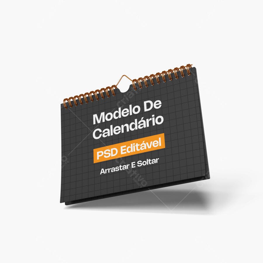 Mockup Calendário de Mesa Espiral Flutuante Fundo Branco Editável