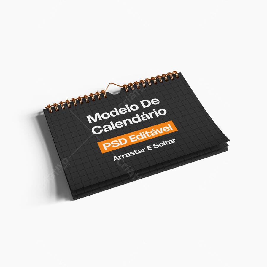 Mockup Calendário de Mesa Horizontal 3/4 Fundo Branco Editável