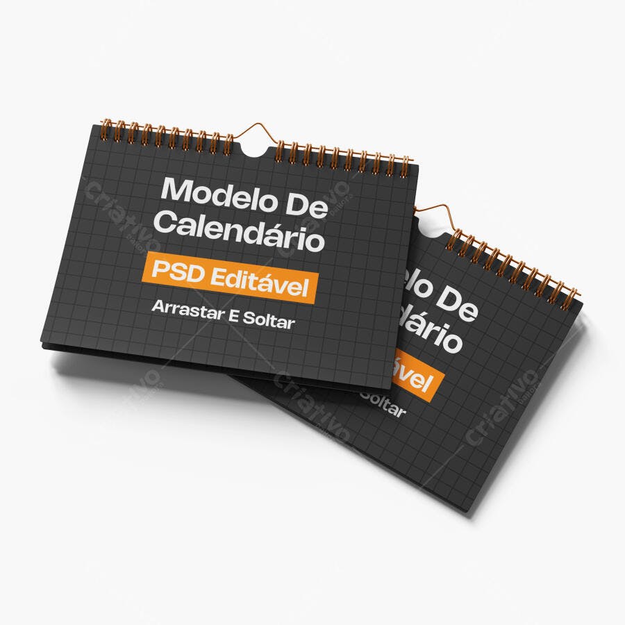 Mockup Calendário de Mesa Horizontal Espiral Fundo Branco Editável