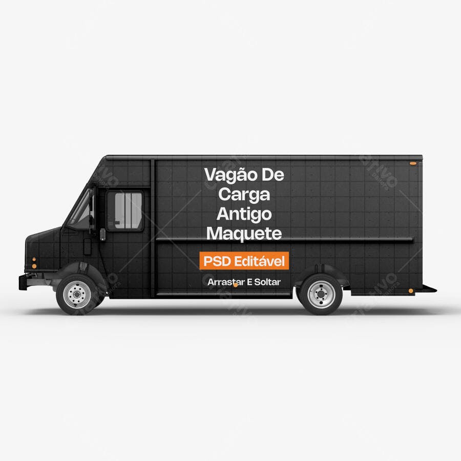Mockup Caminhão Food Truck Lateral Preto Fundo Branco Editável
