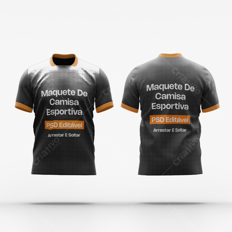 Mockup Camisa Esportiva Preta Gola Laranja Frente e Costas Editável