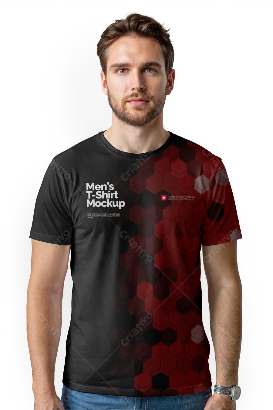 Mockup Camiseta Masculina Preta Frente Fundo Branco Editável