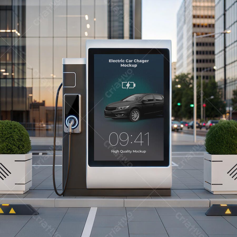 Mockup Carregador Veículo Elétrico Outdoor Frontal Editável
