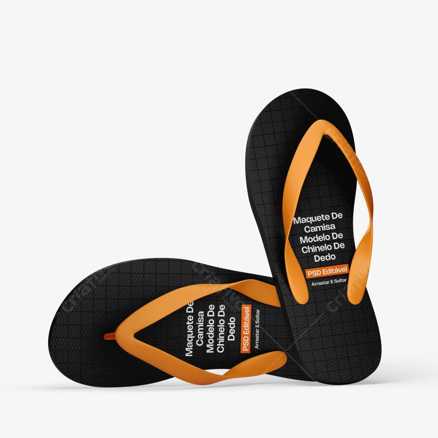 Mockup Chinelo de Dedo Borracha Preto Alça Laranja Editável