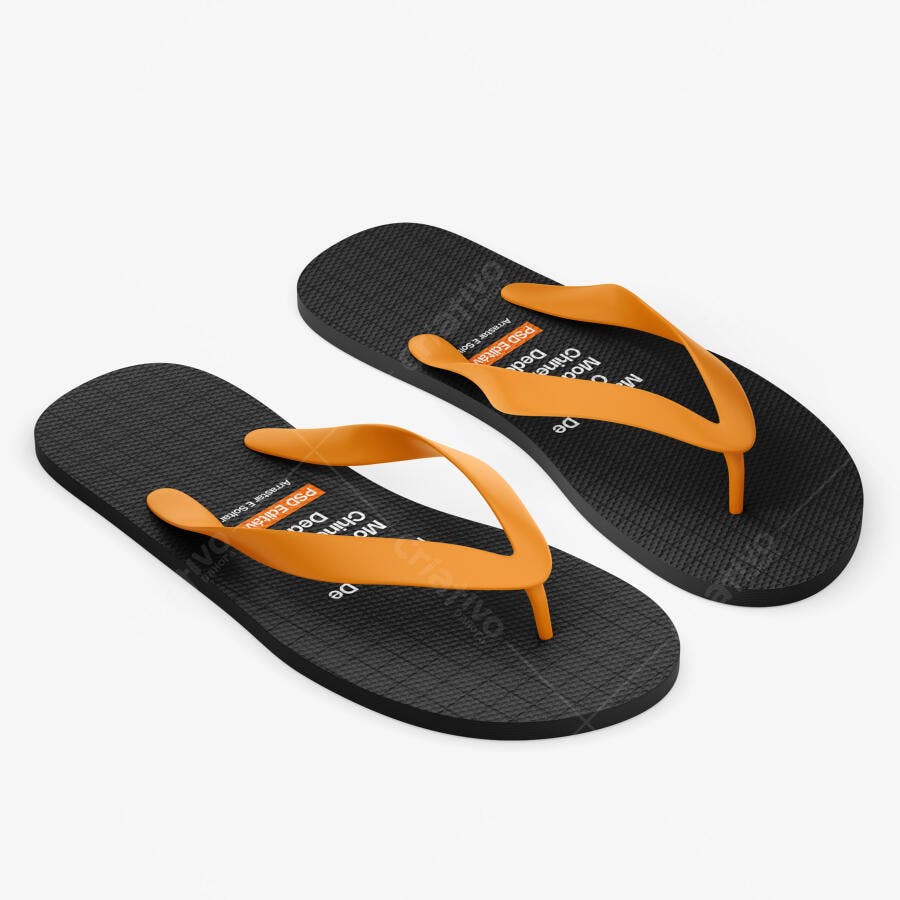 Mockup Chinelo Preto Alça Laranja 3/4 Fundo Branco Editável