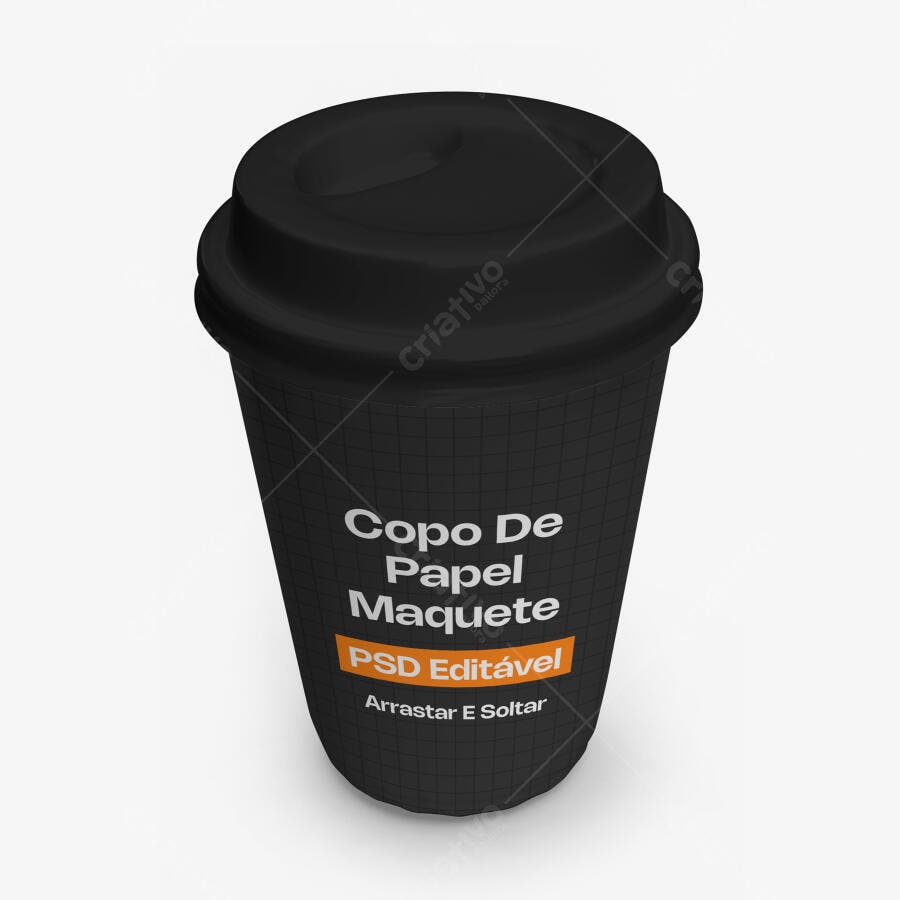 Mockup Copo de Papel Café Preto Fundo Branco Editável