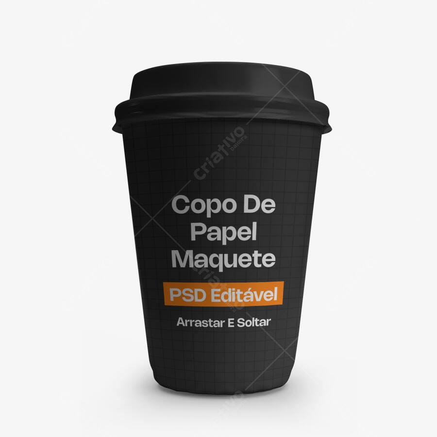 Mockup Copo de Papel Café Preto Fundo Branco Editável
