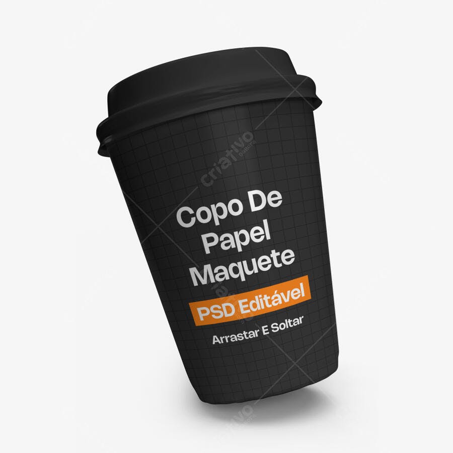Mockup Copo de Papel Preto Café Chá Fundo Branco Editável