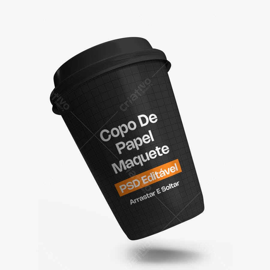 Mockup Copo de Papel Preto Flutuando Fundo Branco Editável