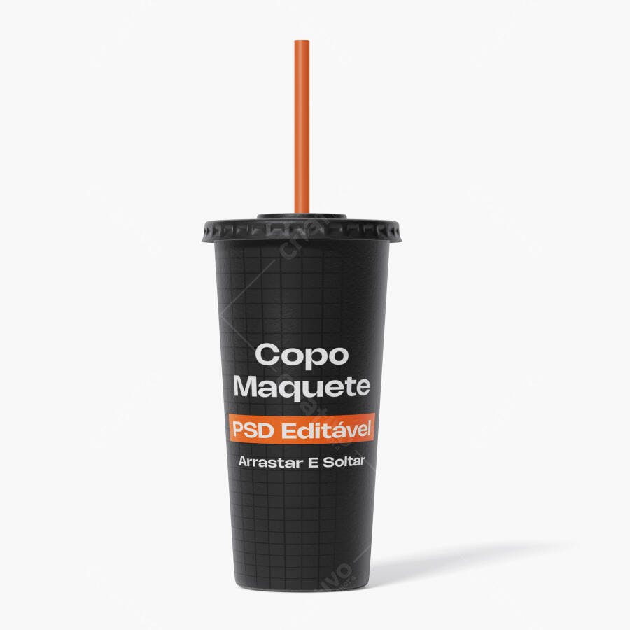 Mockup Copo Descartável Plástico com Canudo Fundo Branco Editável