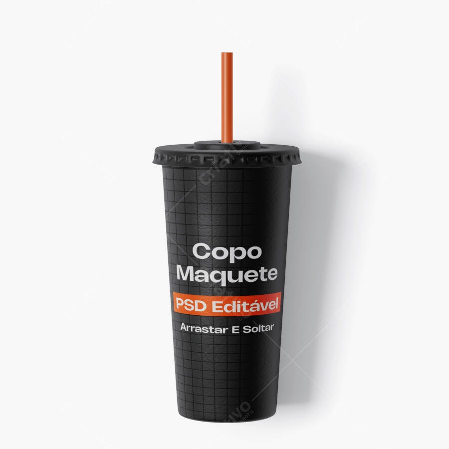 Mockup Copo Descartável Preto com Canudo Fundo Branco Editável