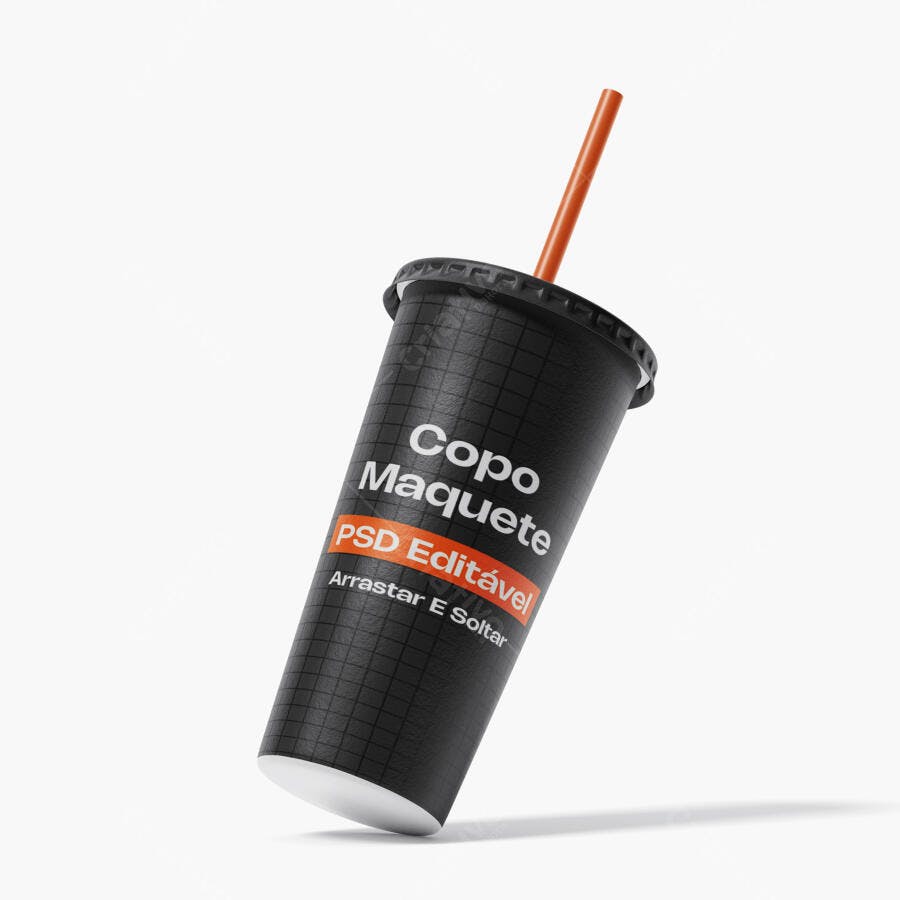 Mockup Copo Plástico com Canudo Fundo Branco Editável