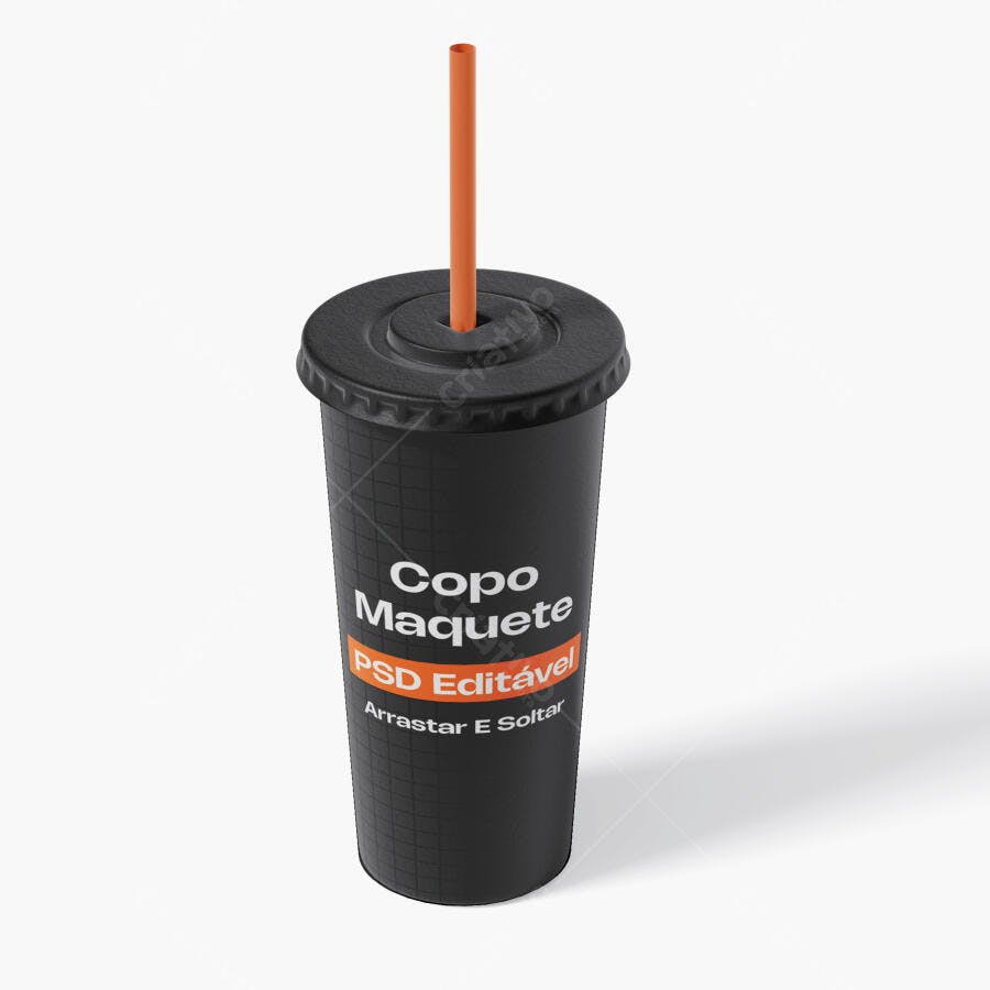 Mockup Copo Refrigerante Preto com Canudo Fundo Branco Editável