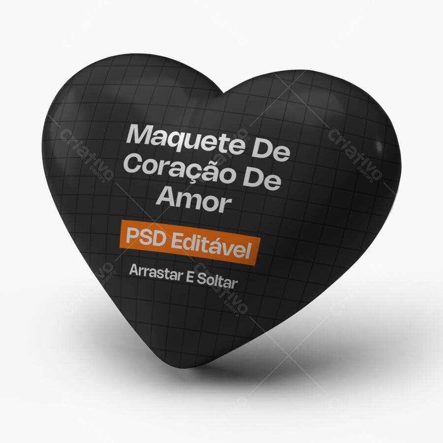Mockup Coração Amor Preto Frontal Fundo Branco Editável