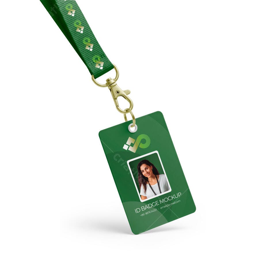 Mockup Crachá Identidade Cordão Verde Fundo Branco Editável