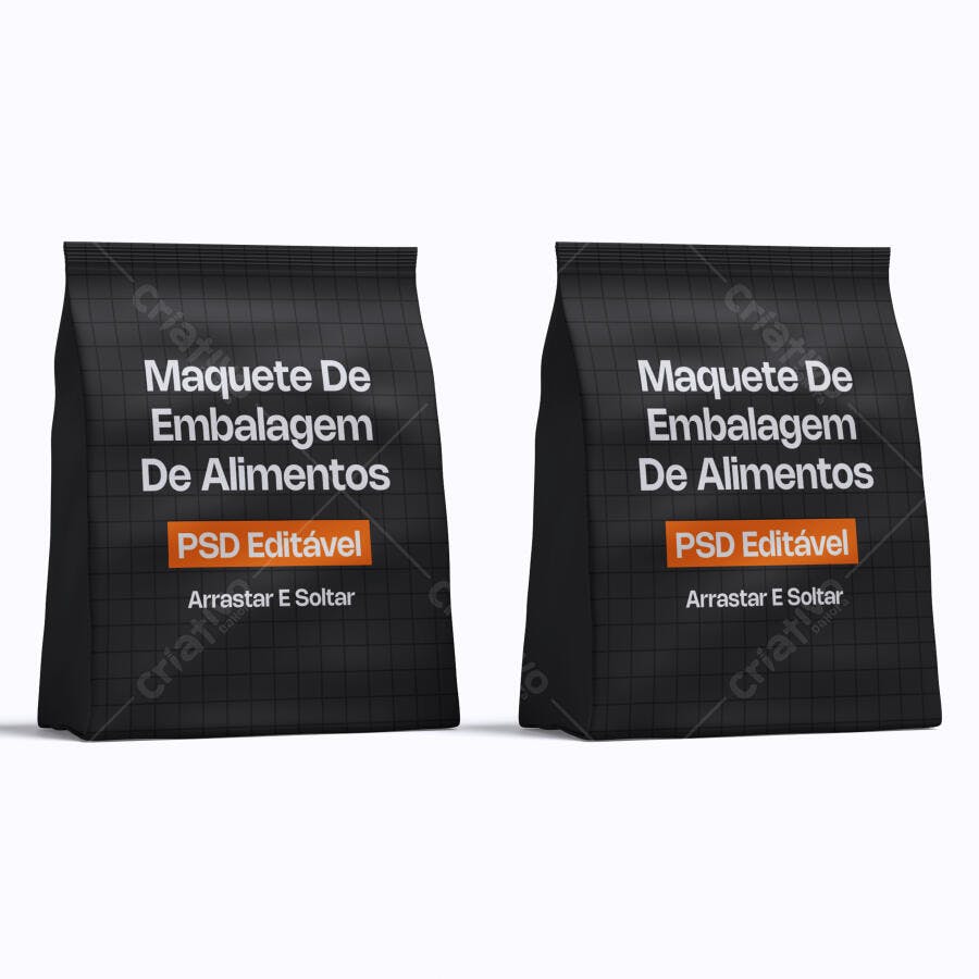 Mockup Embalagem Alimentos Saco Plástico Preto Frontal Editável